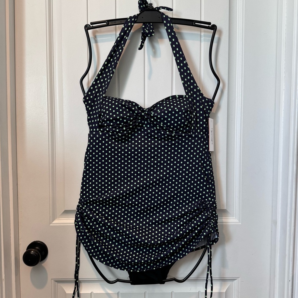 Swimsuits For All Navy and Green Polka Dot Halter Tank One-Piece